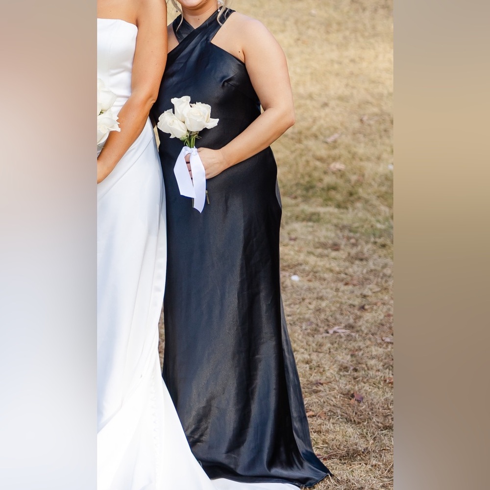 Azazie Doretta Black Mermaid Bow Metallic Satin Dress - Picture 3 of 3